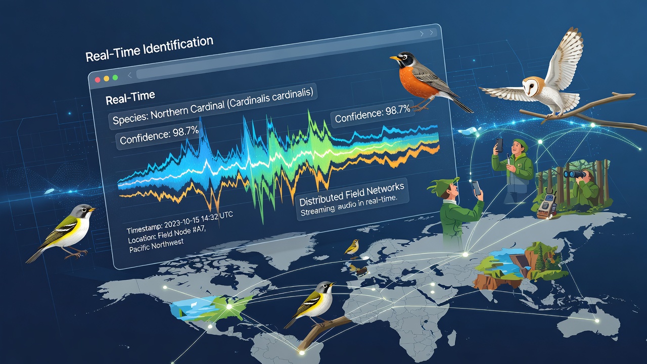 Field researchers upload audio recordings through browser interfaces while distributed sensors capture environmental sounds for species analysis