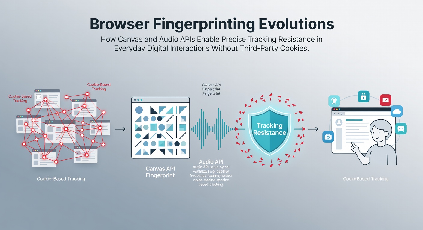 Diagram showing canvas and audio API elements in browser fingerprinting processes
