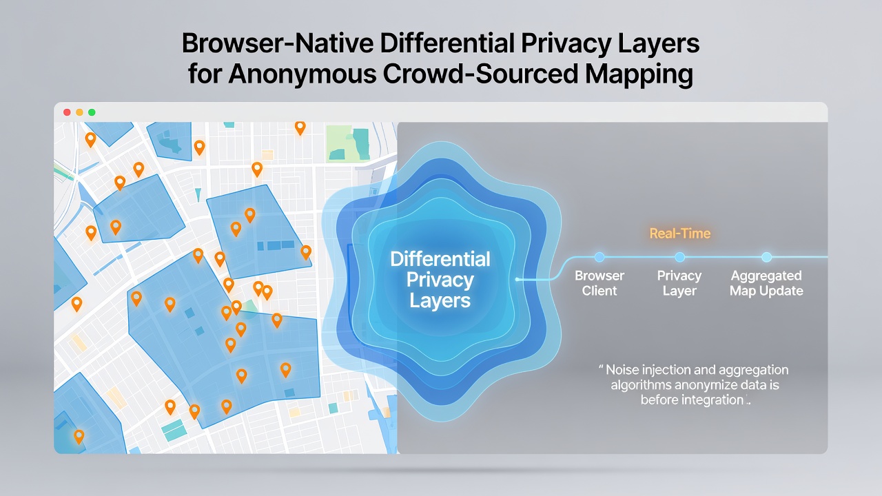 Diagram showing data flow from mobile browser through noise addition to aggregated map updates across distributed nodes