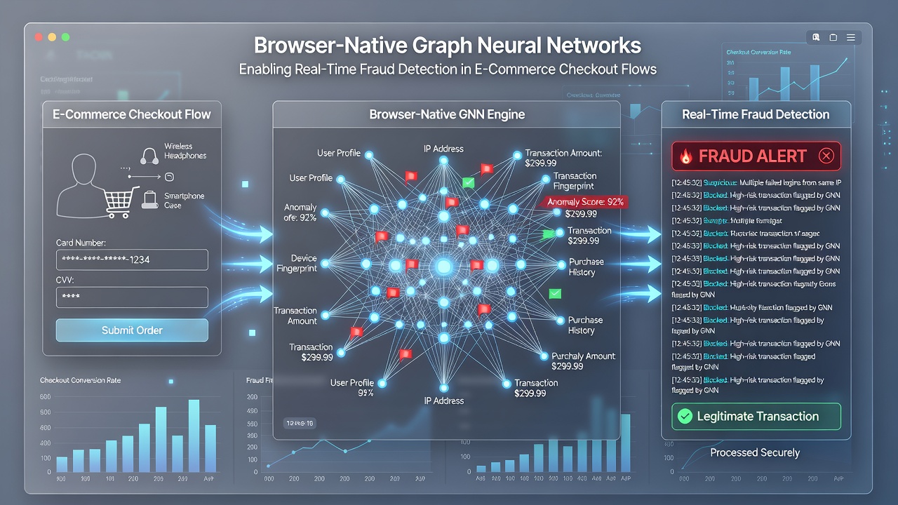 Close-up of a checkout page with overlaid graph visualizations highlighting suspicious transaction clusters detected in real time