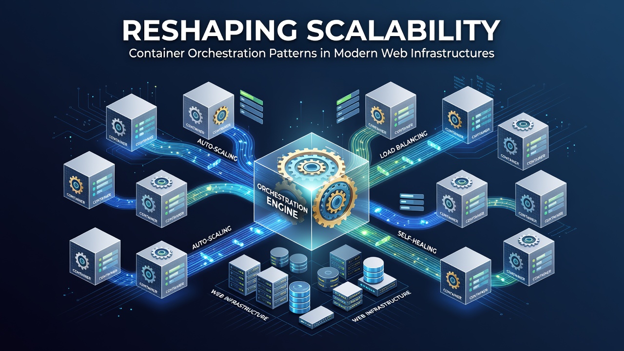 Diagram illustrating container orchestration patterns in scalable web infrastructures with nodes and pods distributed across clusters
