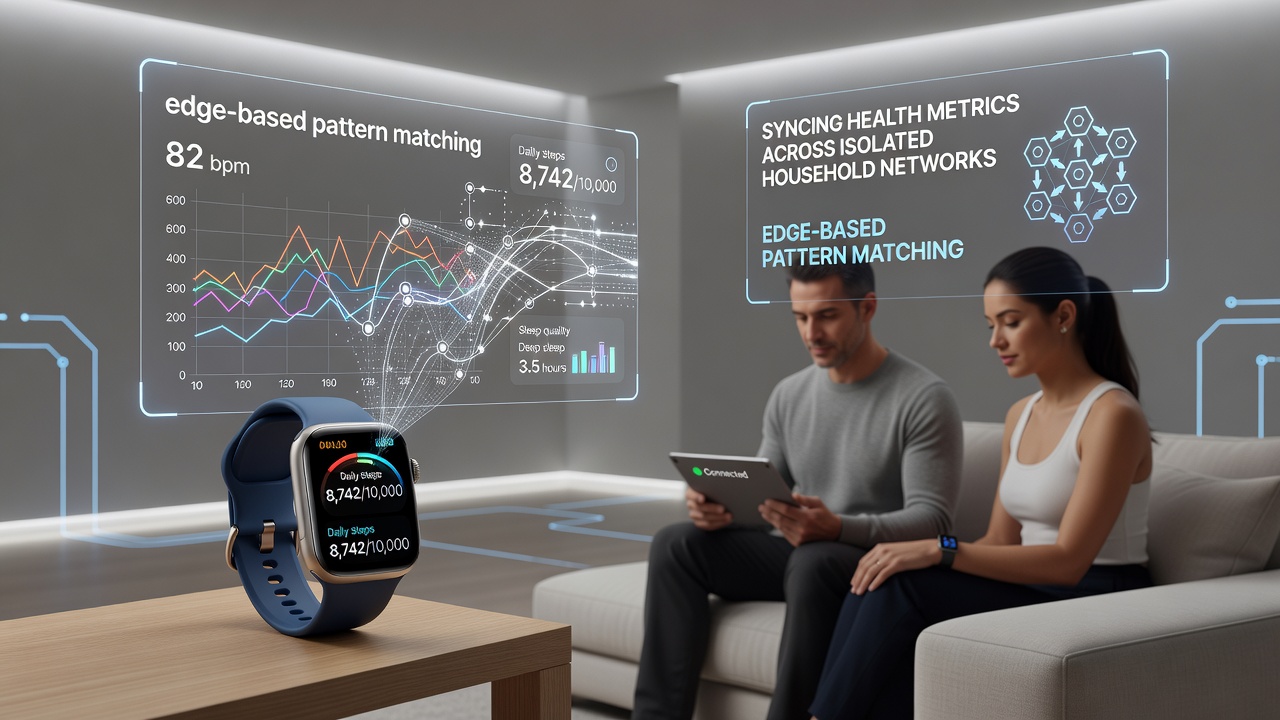 Diagram showing peer-to-peer data exchange between multiple wearables in a home environment