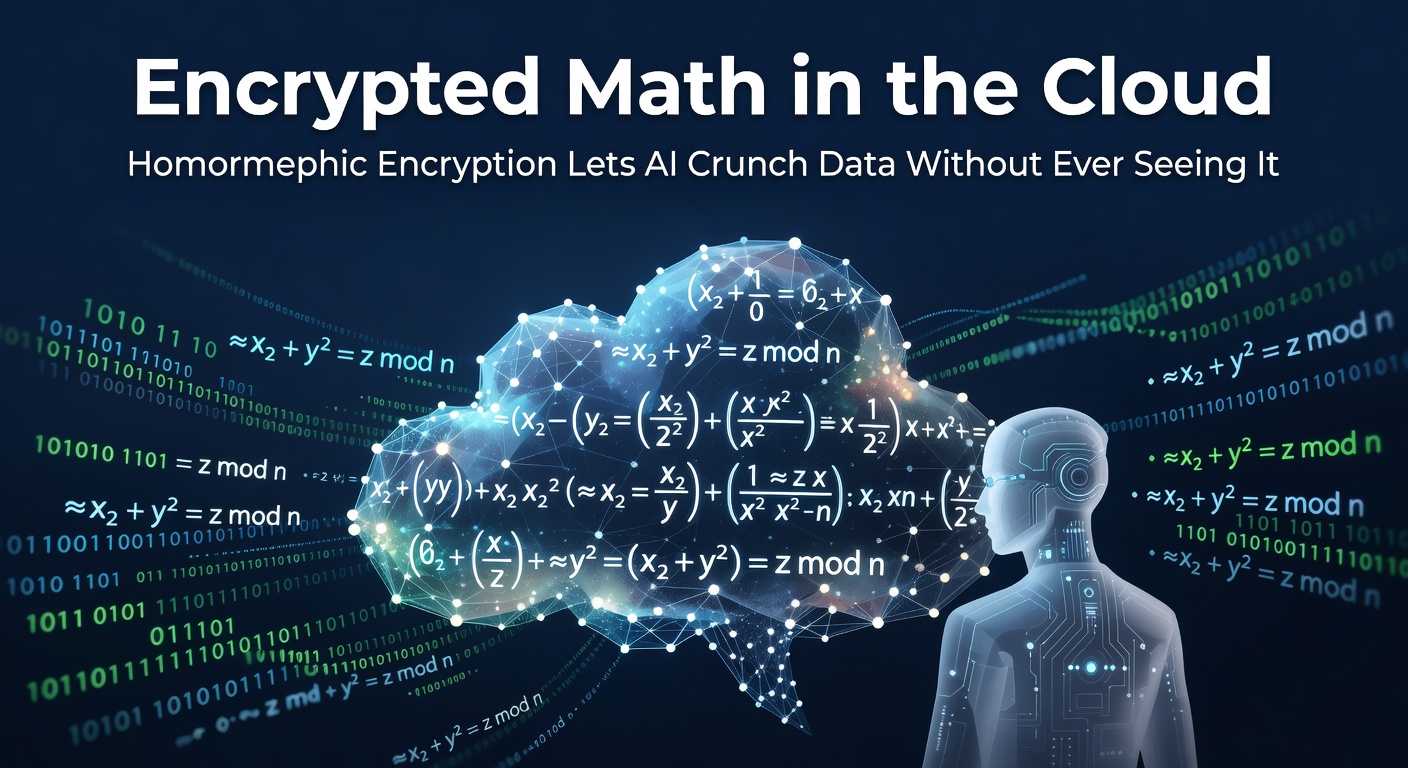 Visualization of encrypted data flowing through cloud servers while AI performs computations without decryption, showing locked padlocks around data streams and mathematical operations overlayed