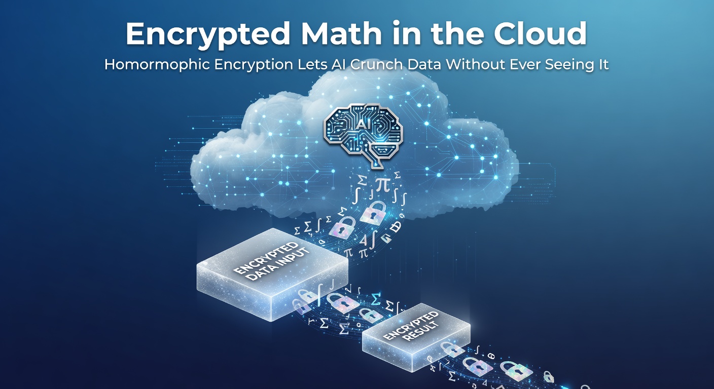 Diagram illustrating homomorphic encryption workflow: data encryption on user side, cloud computation on ciphertexts, and decrypted results returned securely