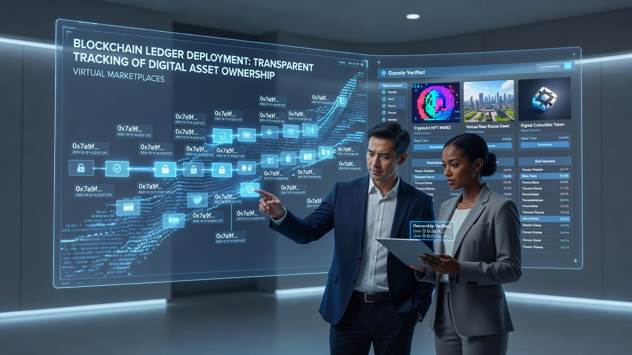 Blockchain ledger visualization showing digital asset tracking across virtual marketplace nodes