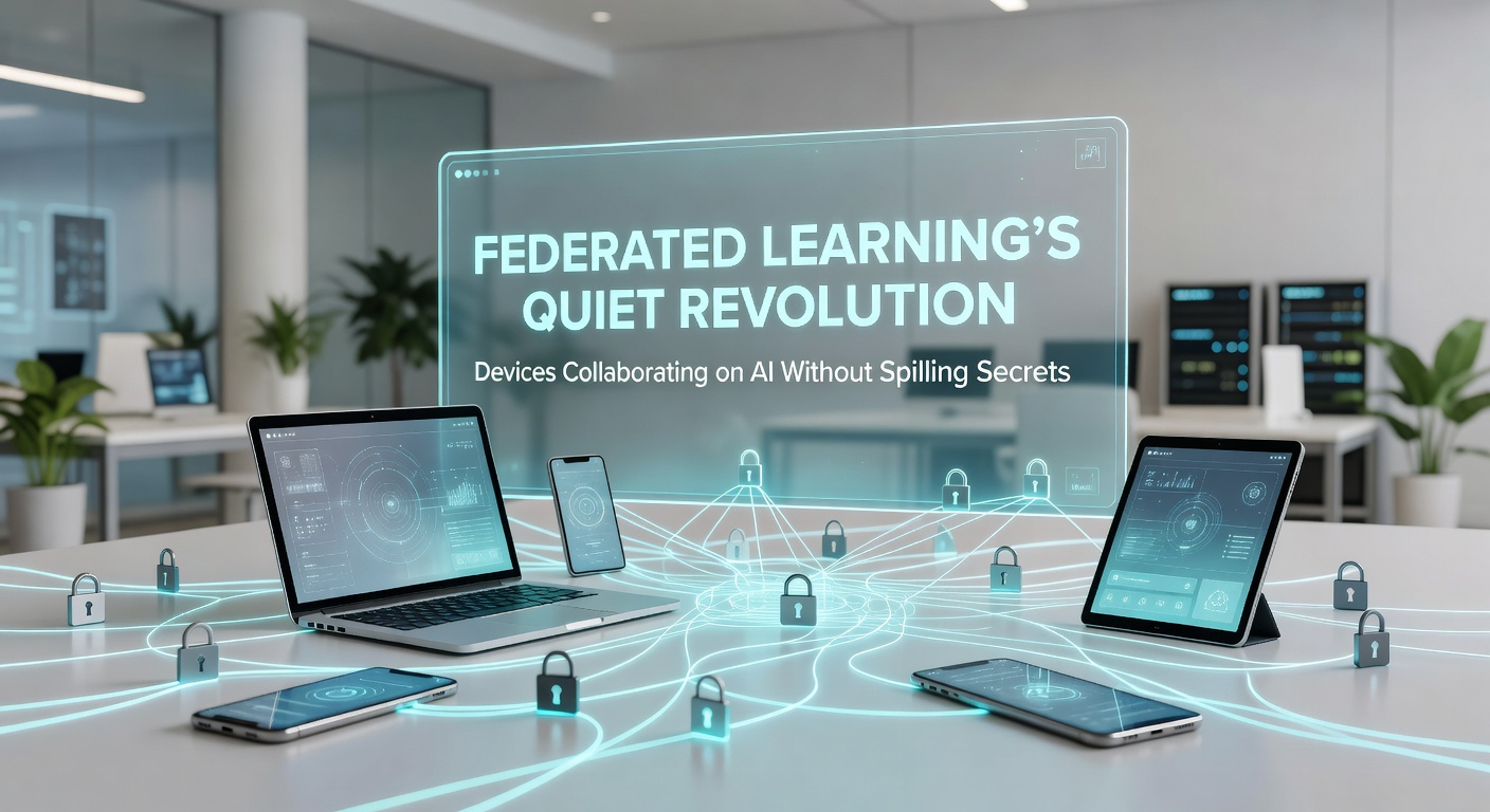 Illustration of smartphones and devices connected in a network, sharing AI model updates while keeping data private, symbolizing federated learning's collaborative yet secure process