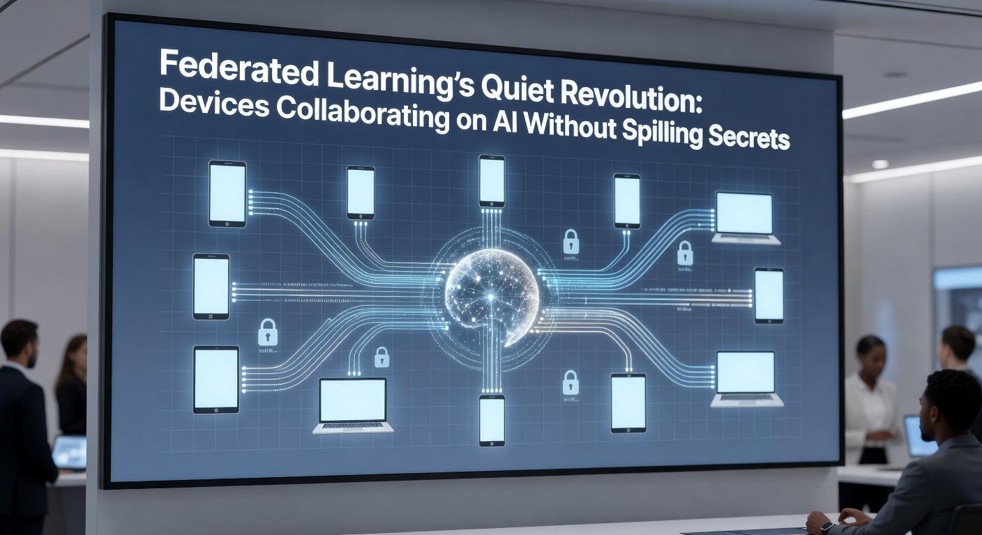 Diagram showing federated learning workflow: central server coordinating model updates from multiple edge devices, with data staying local and only aggregated parameters exchanged