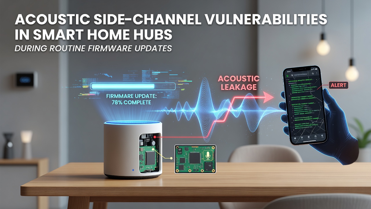 Smart home hub device on a wooden table with sound wave visualizations overlay indicating acoustic emissions during a firmware process