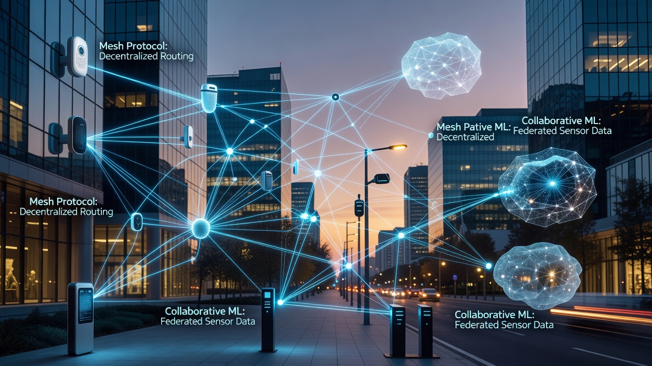 Close-up of mesh-connected environmental sensors mounted on urban infrastructure