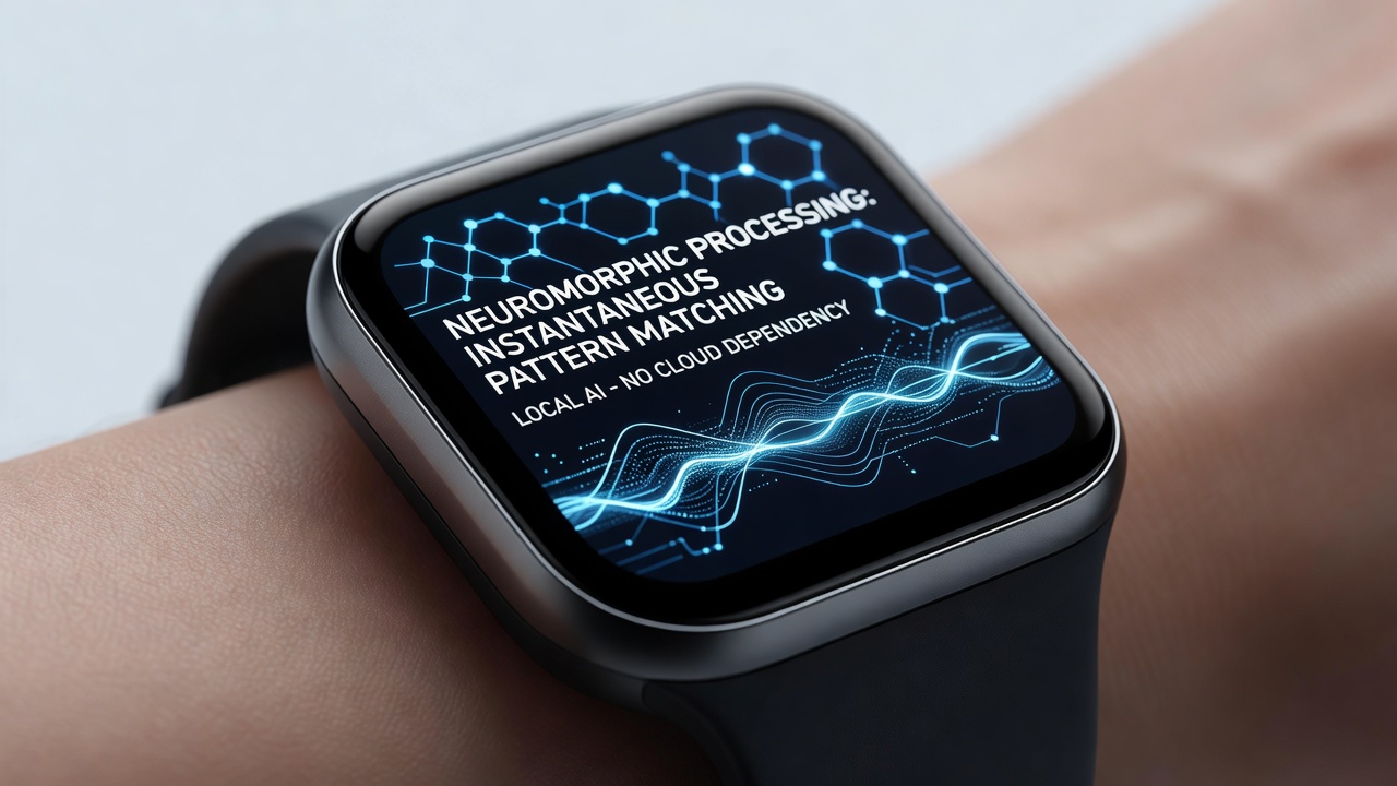 Neuromorphic chip integrated into a wearable health monitor device showing real-time sensor data processing