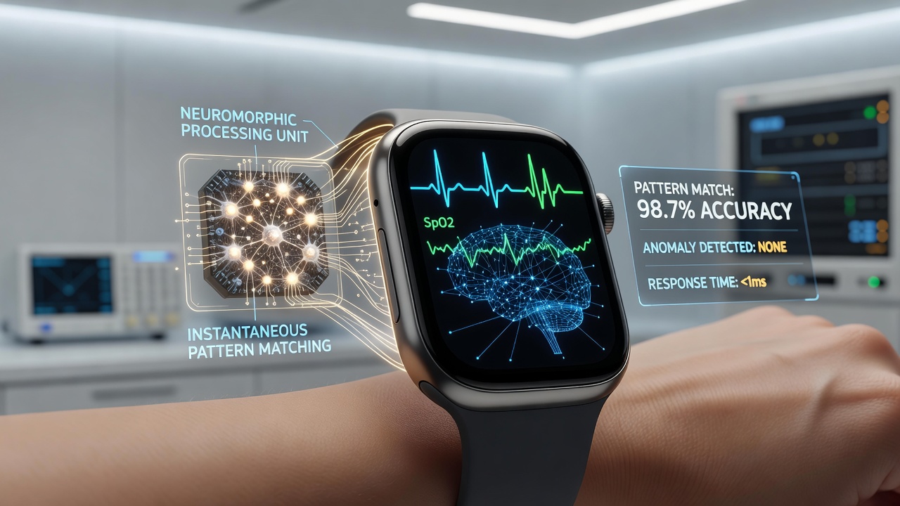 Close-up view of neuromorphic processor handling continuous health sensor inputs in a prototype wearable