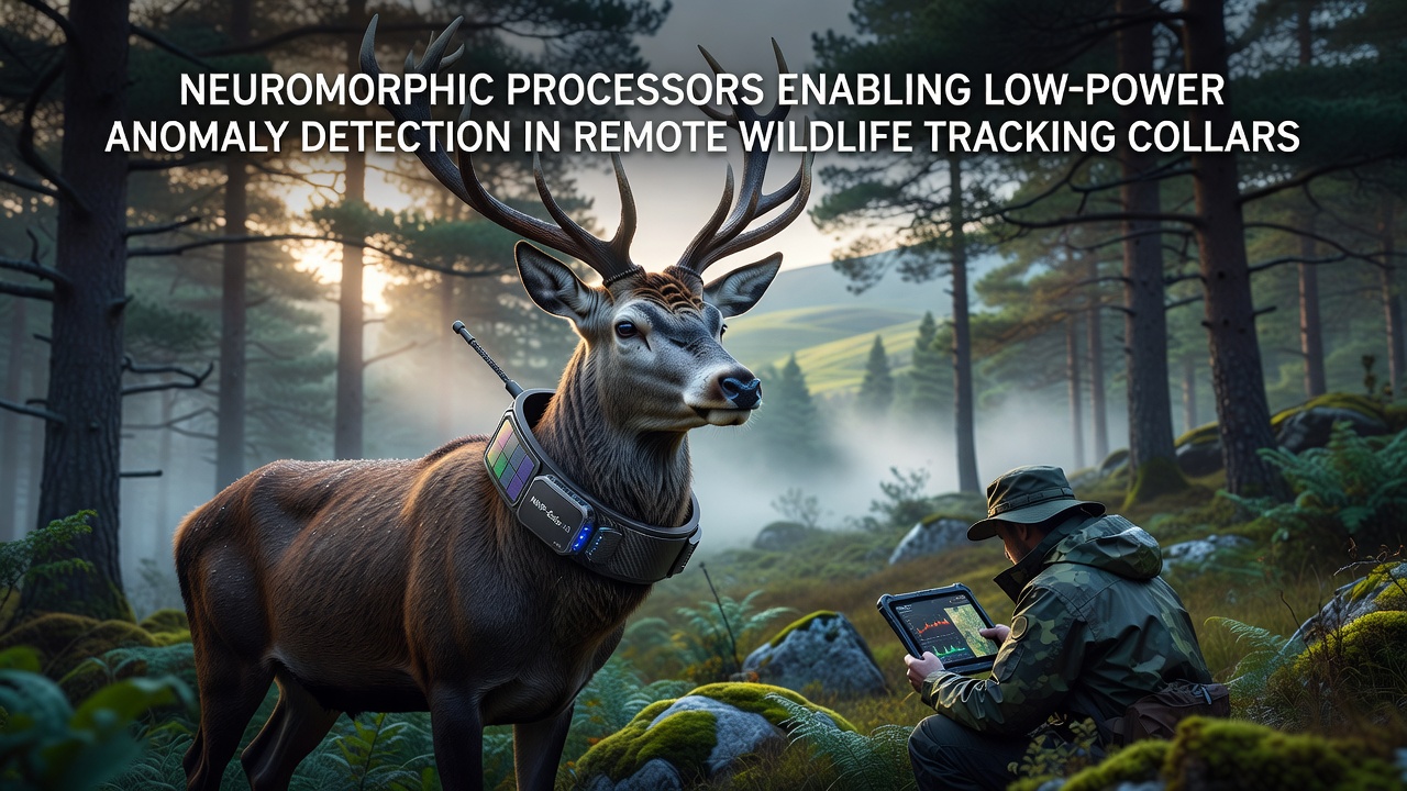 Field technician checking data logs from a neuromorphic-enabled collar on a tracked mammal in a patchy savanna landscape