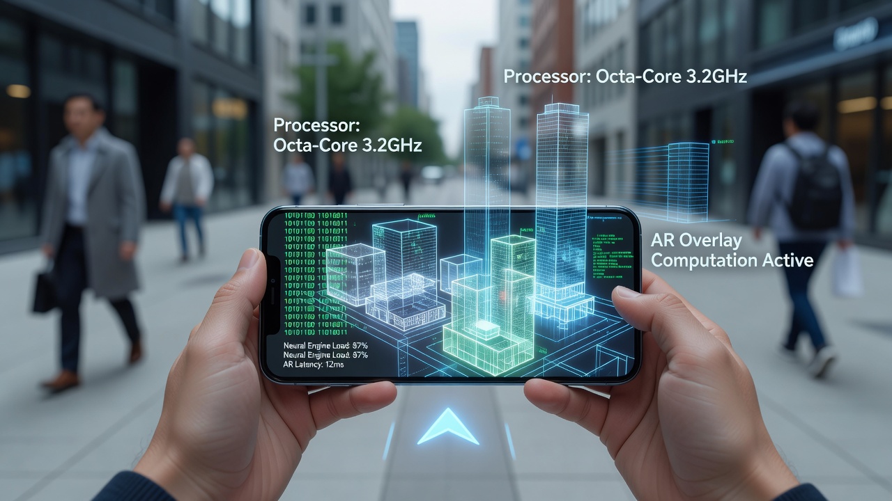 Smartphone displaying AR navigation overlay powered by mobile processor