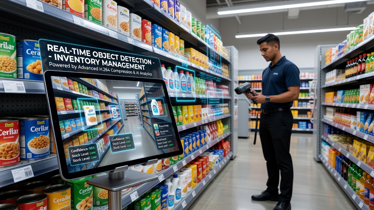 Retail worker reviewing real-time inventory data captured by object detection algorithms on a handheld device