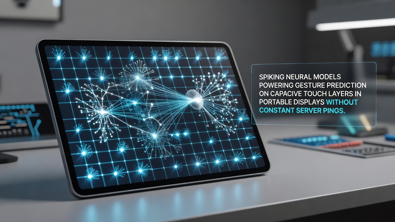 Illustration of spiking neural networks processing touch gestures on a portable display's capacitive layer in real time