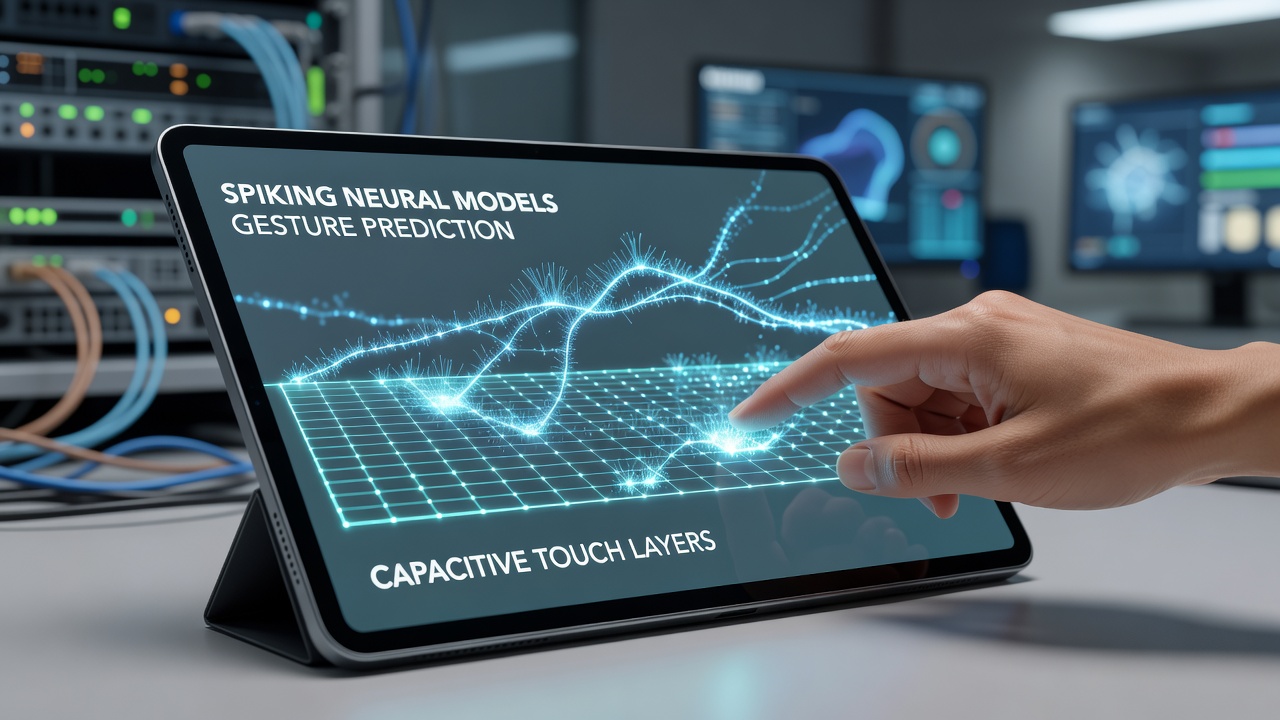 Diagram showing local spiking neural processing pipeline from capacitive sensor input to gesture output on a handheld device