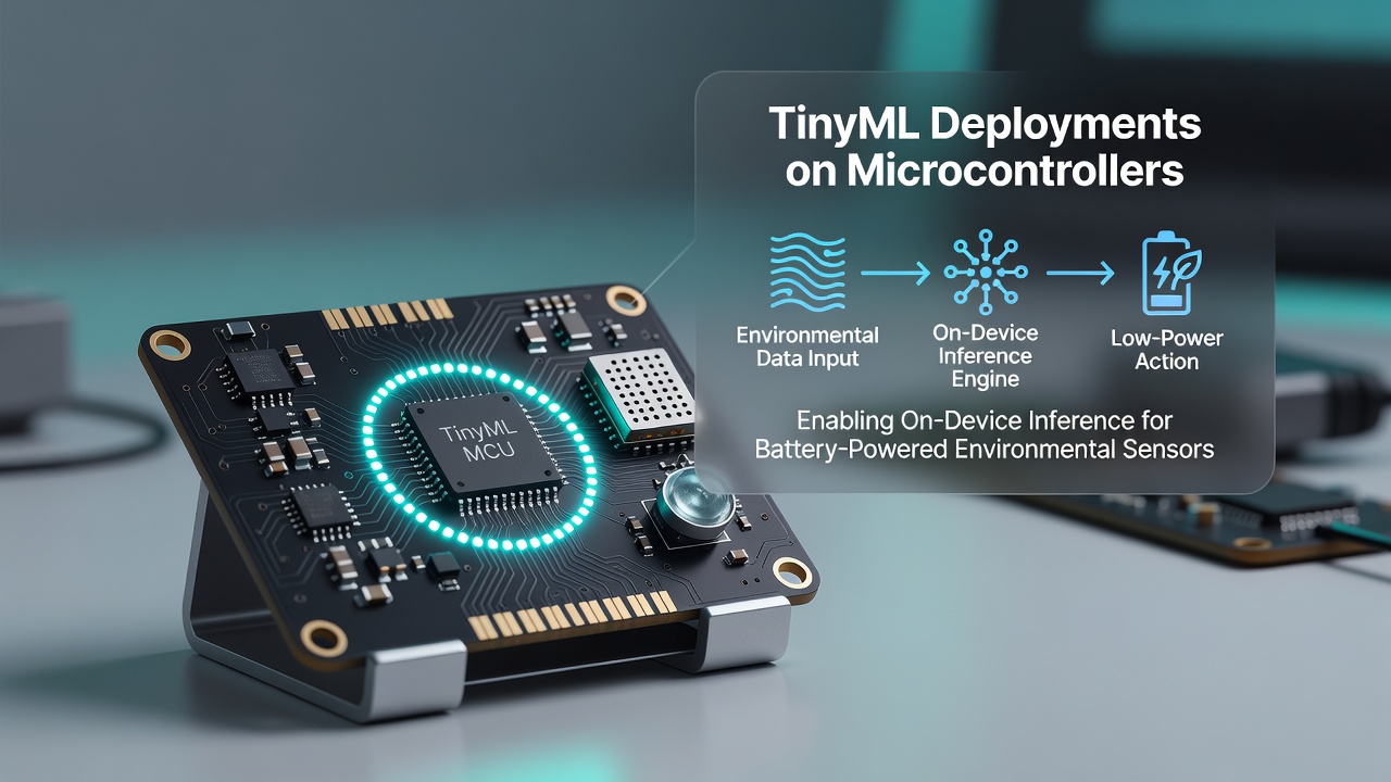 Microcontroller board running TinyML inference for battery-powered environmental sensors in field deployment