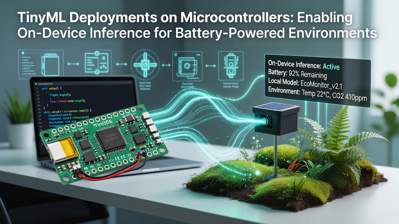 Close-up of TinyML inference running on low-power microcontroller connected to environmental sensors