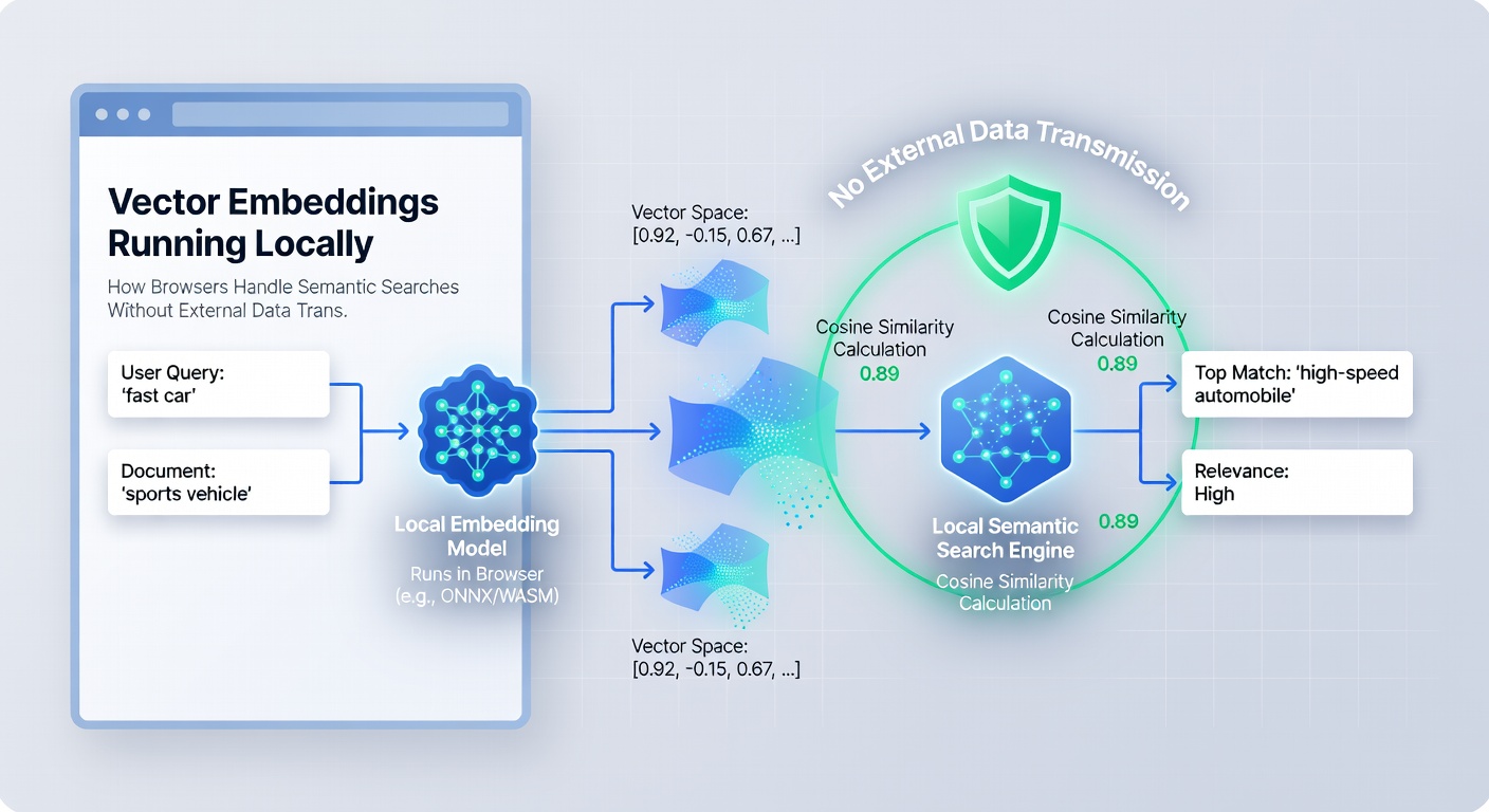 Diagram showing local semantic search pipeline using vector embeddings inside a browser environment