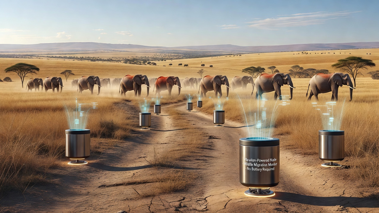 Vibration-powered sensor nodes deployed in a protected savanna area, capturing data on animal movements through energy harvested from environmental vibrations