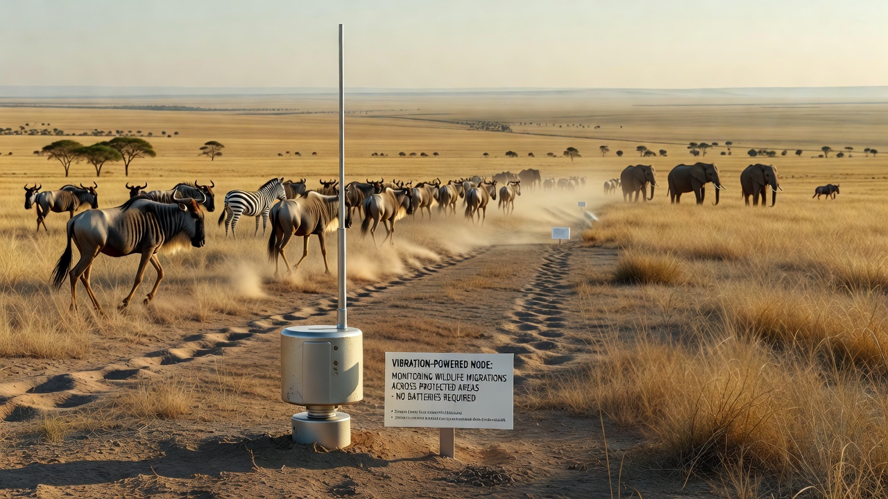 Close-up of a vibration energy harvester attached to a wildlife monitoring node, showing piezoelectric components and protective casing in a natural habitat setting