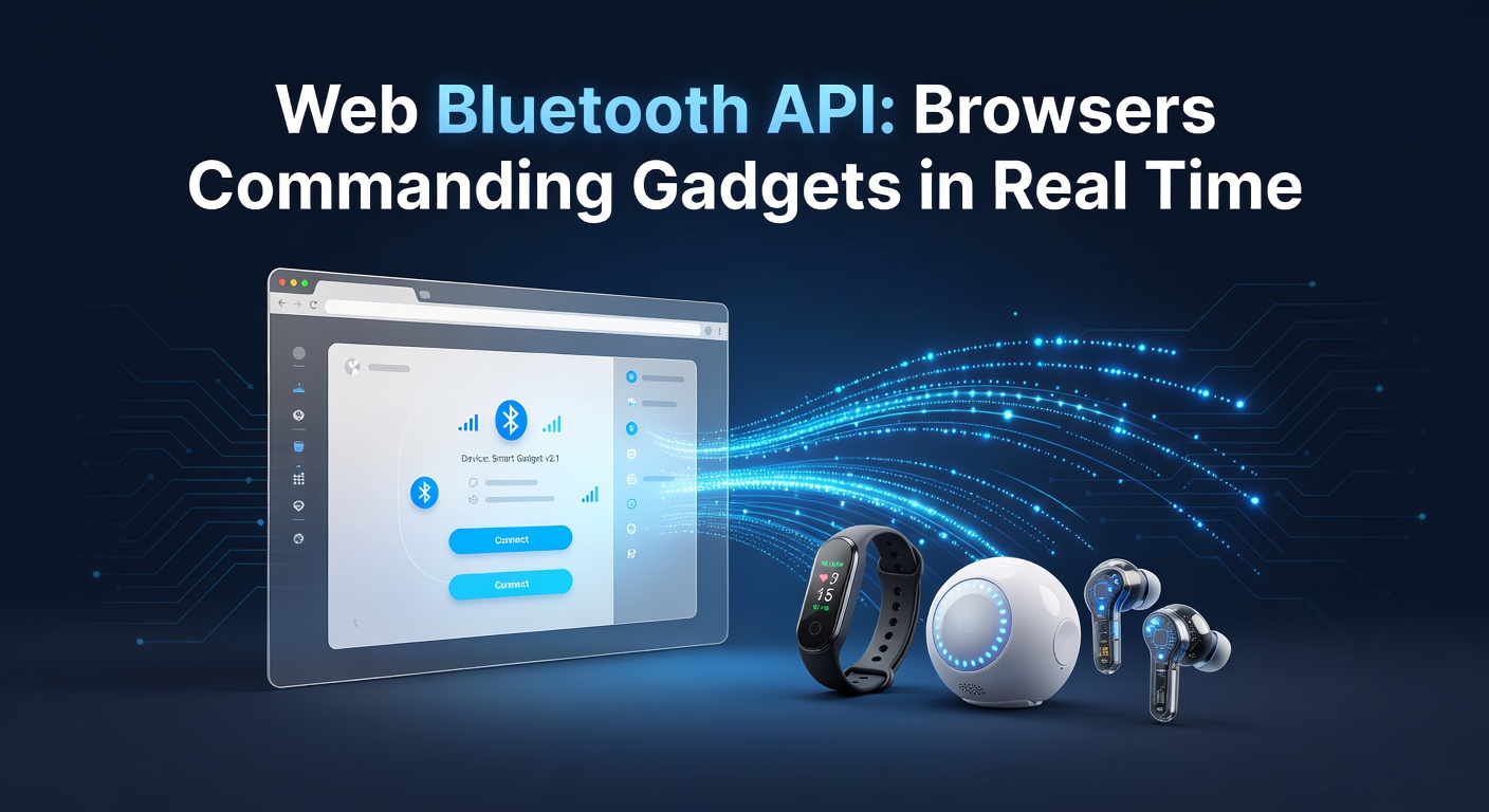 Illustration of a web browser interface connecting wirelessly to Bluetooth-enabled smart devices like headphones, fitness trackers, and IoT sensors