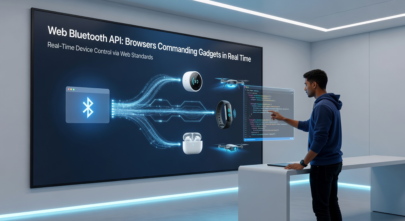 Diagram showing the Web Bluetooth API workflow: browser requesting device, GATT connection, service discovery, and data exchange with a Bluetooth gadget