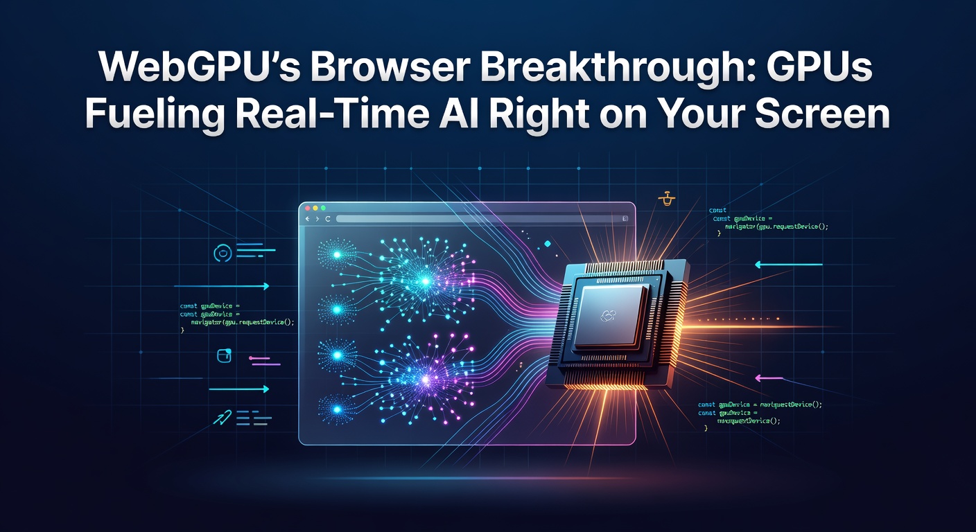Illustration of a web browser interface displaying real-time AI processing powered by GPU acceleration, with glowing neural network visuals overlayed on a modern desktop screen