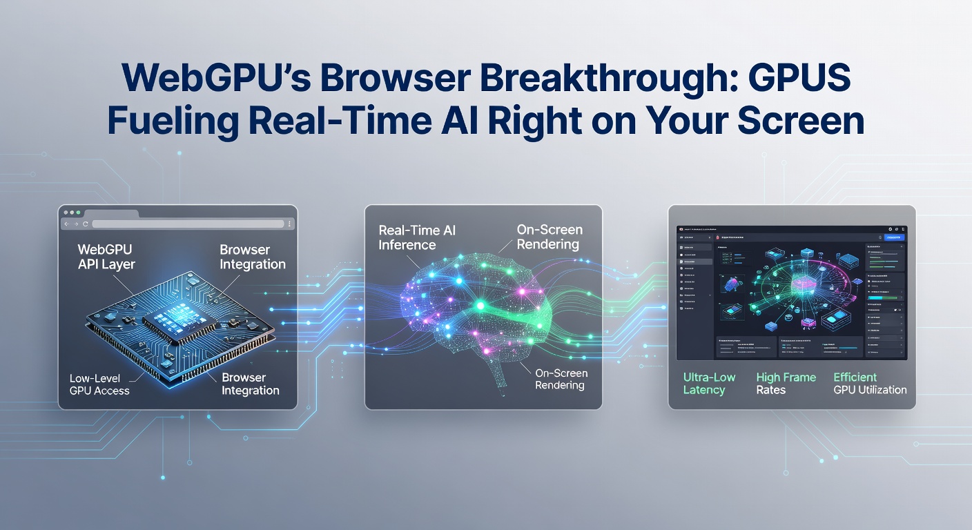Close-up of a GPU chip integrated into a browser rendering pipeline, showing data flowing from web inputs through neural networks to on-screen AI outputs